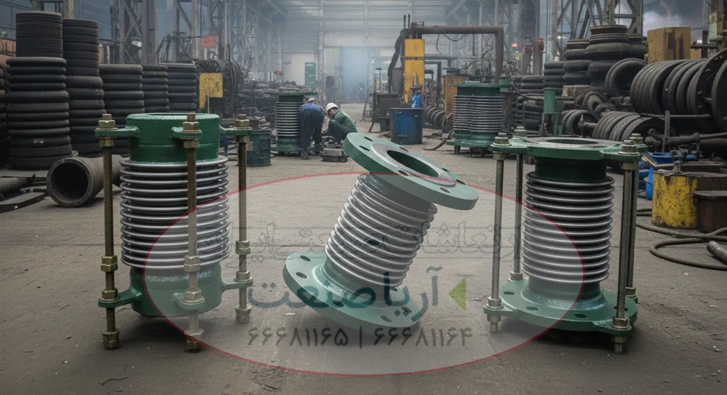 مجموعه لرزهگیر های آکاردئونی جوشی، فلنجدار ساده و فلنجدار مهاردار در کنار هم"