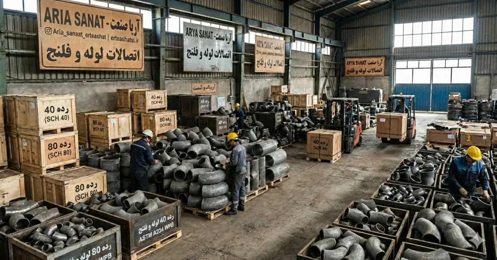 اتصالات فولادی بنکن رده ۴۰ و ۸۰ شامل زانویی و سهراهی در محیط کارخانه – مقایسه تفاوت رده ۴۰ و رده ۸۰ بنکن"