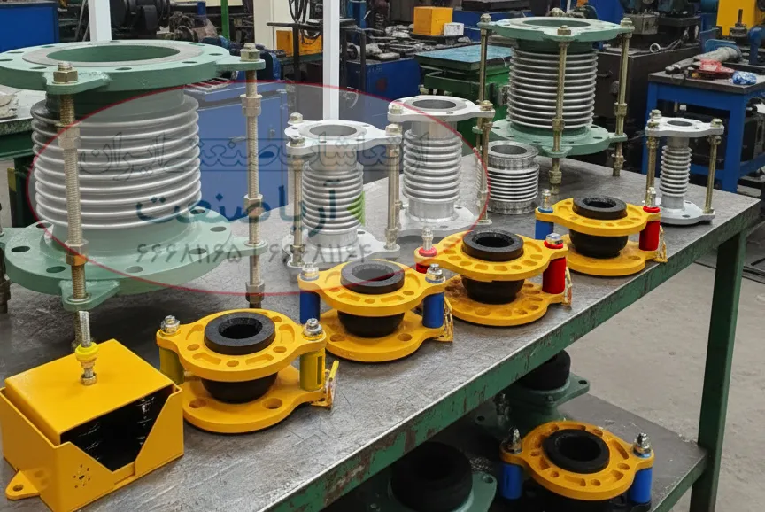 تصویر کامل لرزه گیرهای لاستیکی (مارک زرد، آبی، قرمز، قرمز-آبی) و لرزهگیرهای آکاردئونی جوشی و فلنجدار